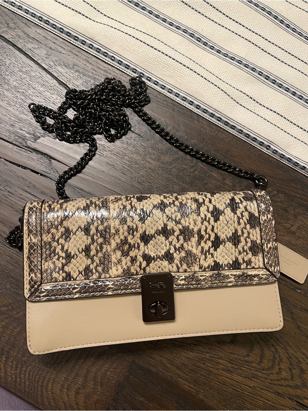 Coach Snake-Print Flap Crossbody in Beige and Black